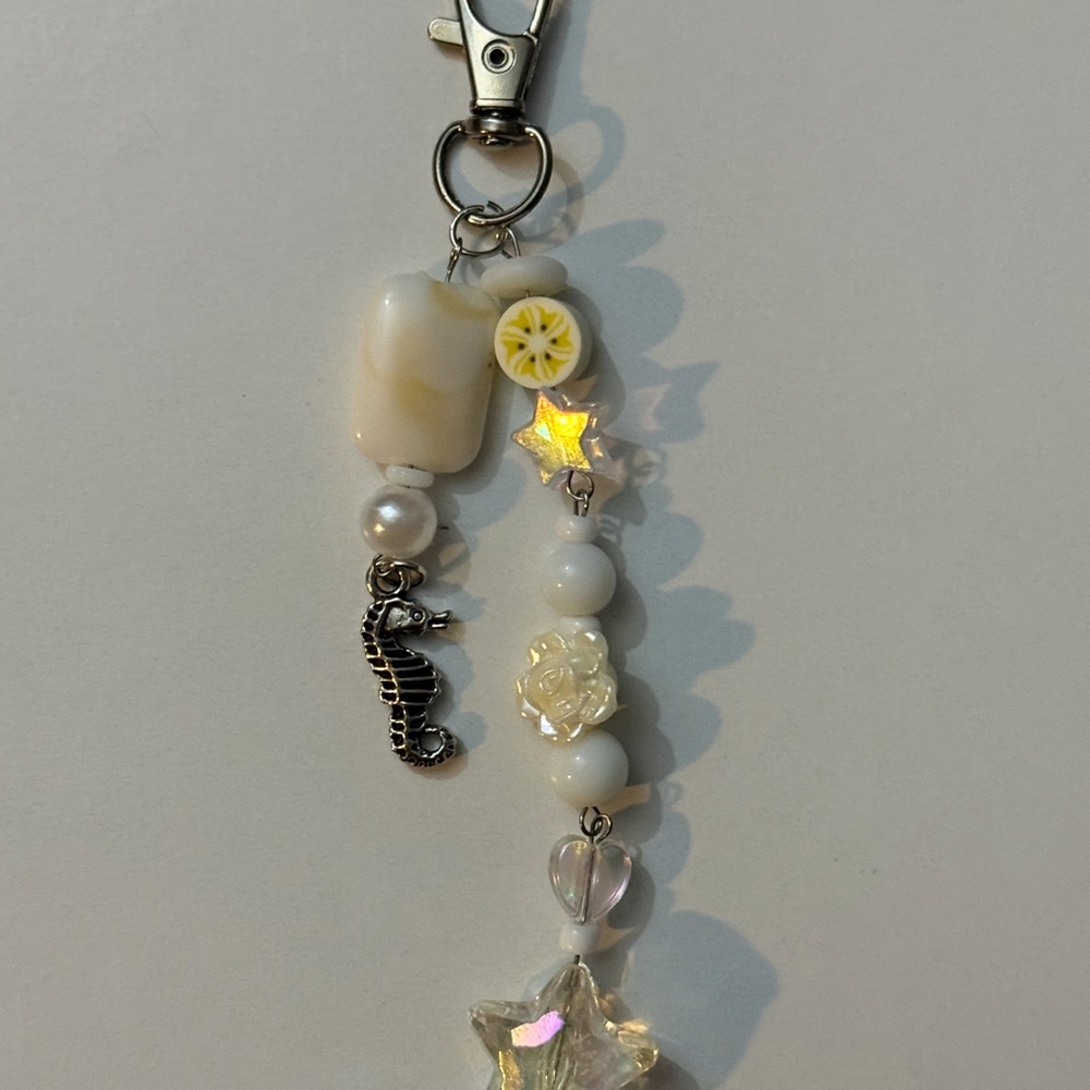 Elegant White Beaded Keychain with Seahorse Charm